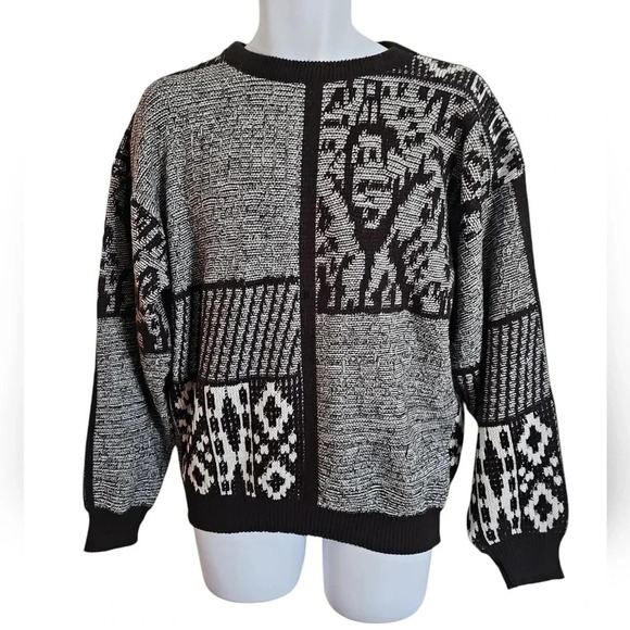 Gitano Men Large Black White Abstract Knit Sweater Vintage 80s Retro Grunge Rare - Picture 2 of 6